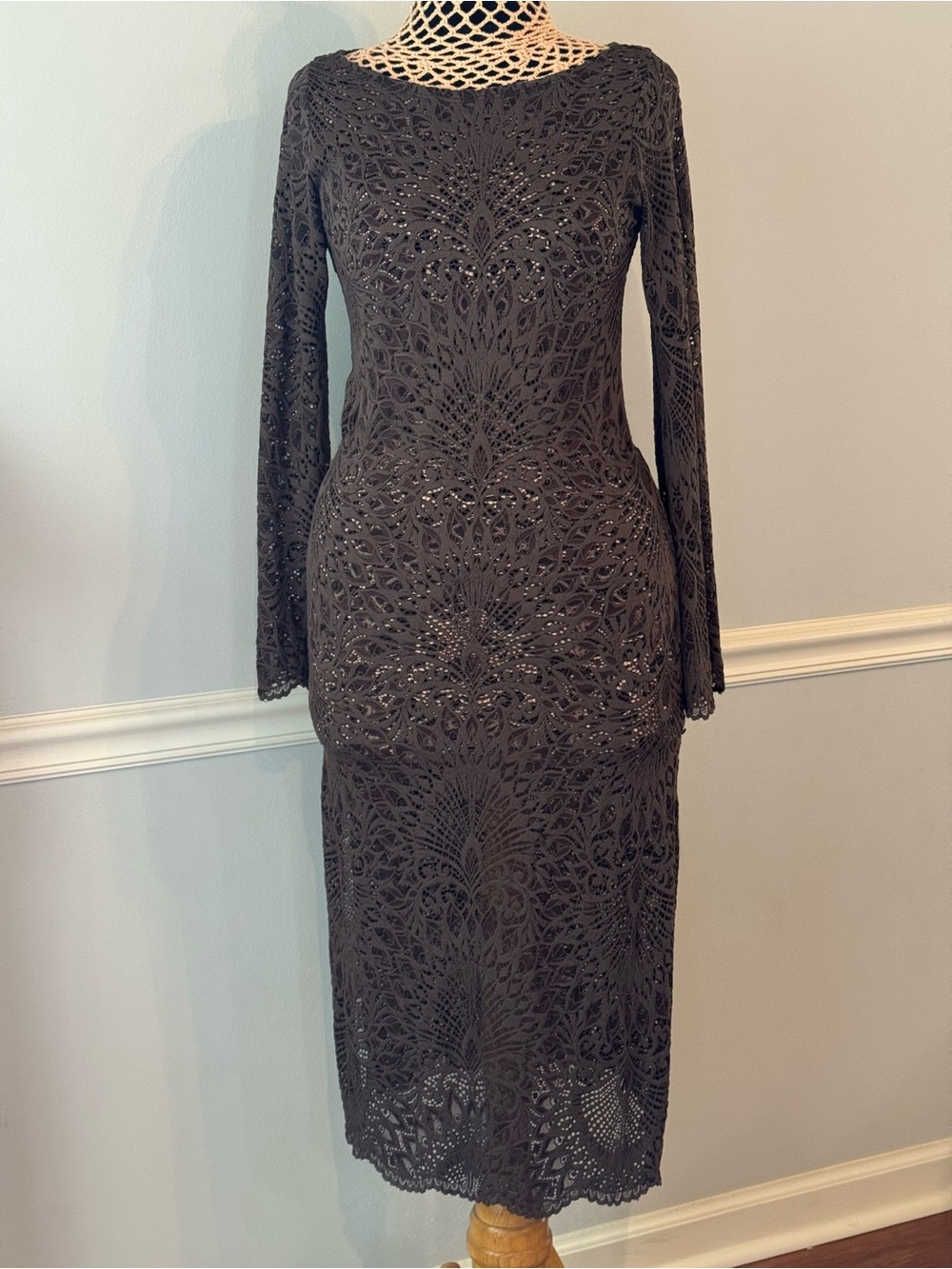 Long-Sleeve Blrown  Crochet Sheath Dress
